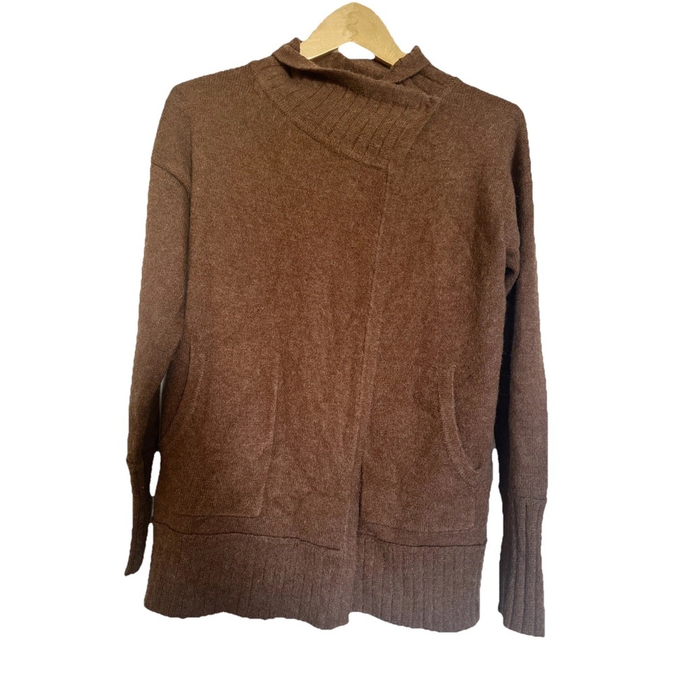 White + Warren Brown Cross Over Neck Ribbed Hems Open Front Cardigan Sweater XS‎